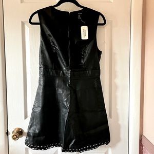 Cute Black Leather Mini Dress with Bottom Braid Design
